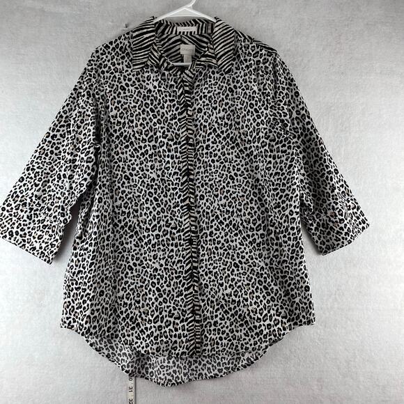 Chicos No Iron Button Up Blouse Animal Print Sz 2 (Large) 100% Cotton Mature - Picture 1 of 7